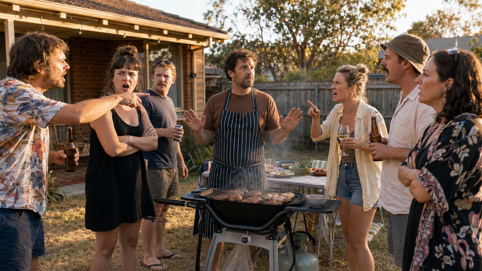 A fictional Australian barbecue host caught between two theatrically outraged groups