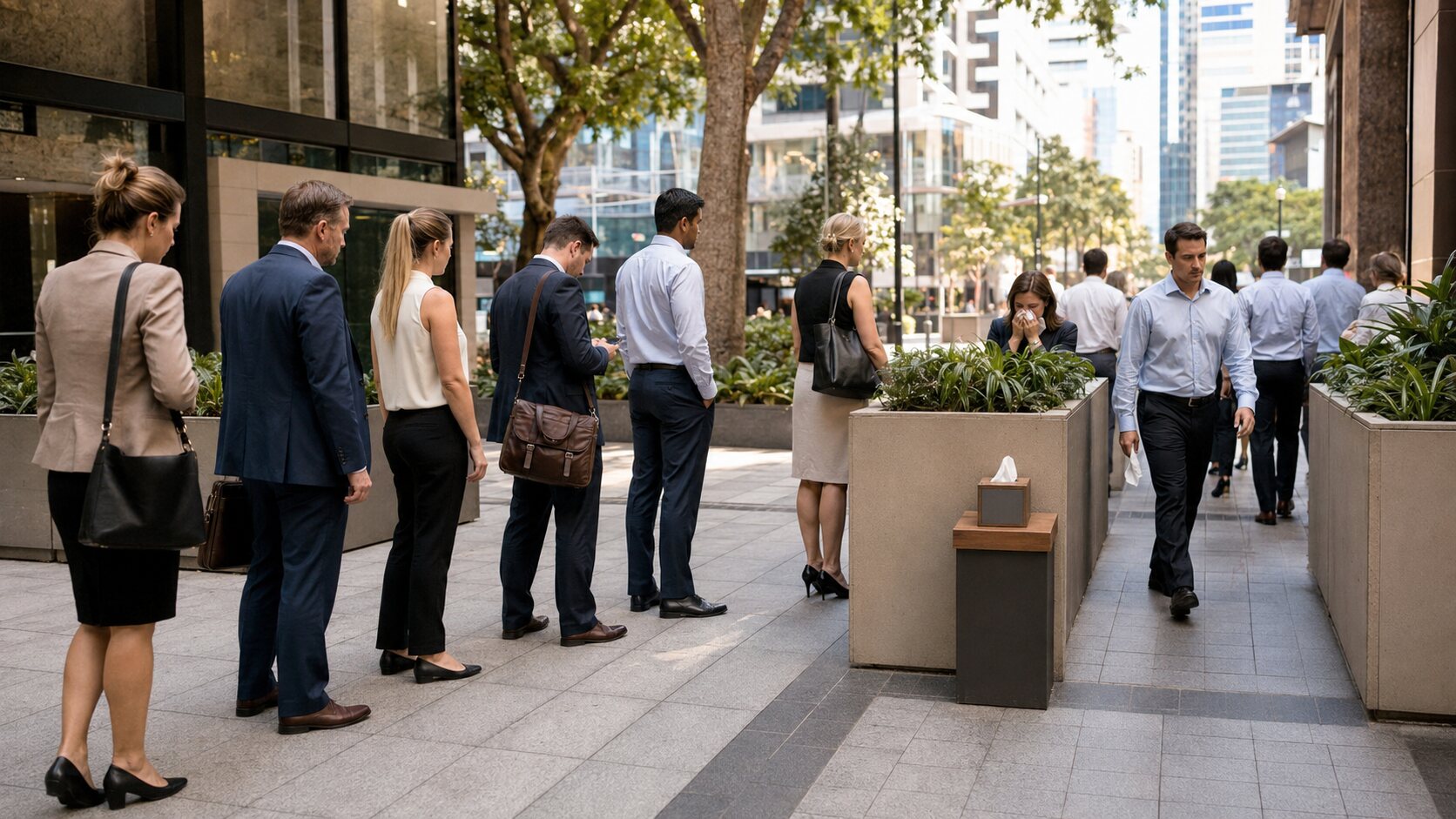 Fictional Brisbane office commuters queueing at a satirical public crying lane