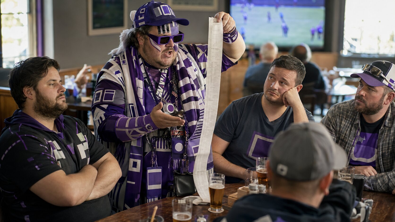 A fictional rugby fan lecturing unimpressed friends while holding a very long receipt