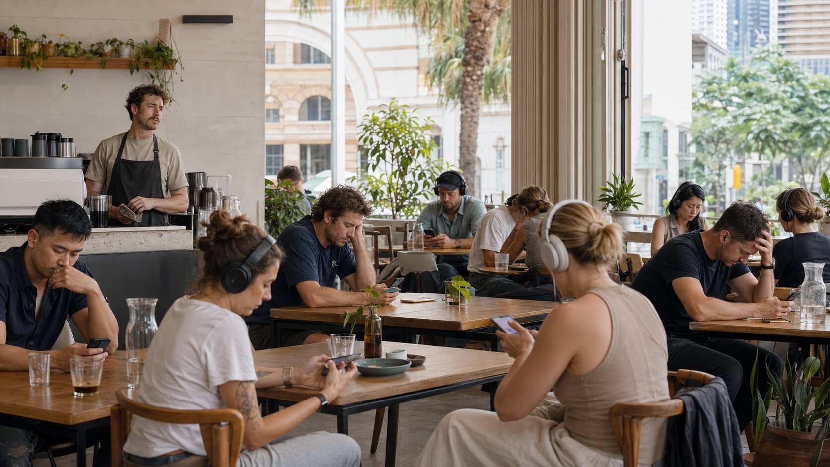 A satirical cafe scene where everyone is absorbed in a phone or podcast