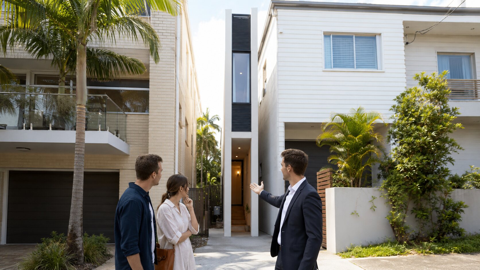 A fictional couple inspecting an absurdly narrow townhouse